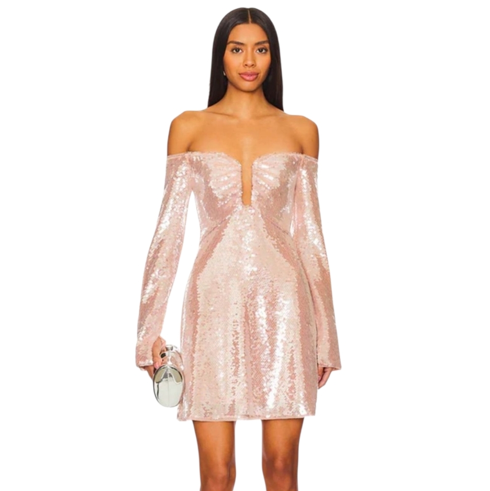 NEW Self Portrait Off The‎ Shoulder Sequin Mini Dress Beige Size 2 - Picture 5 of 13